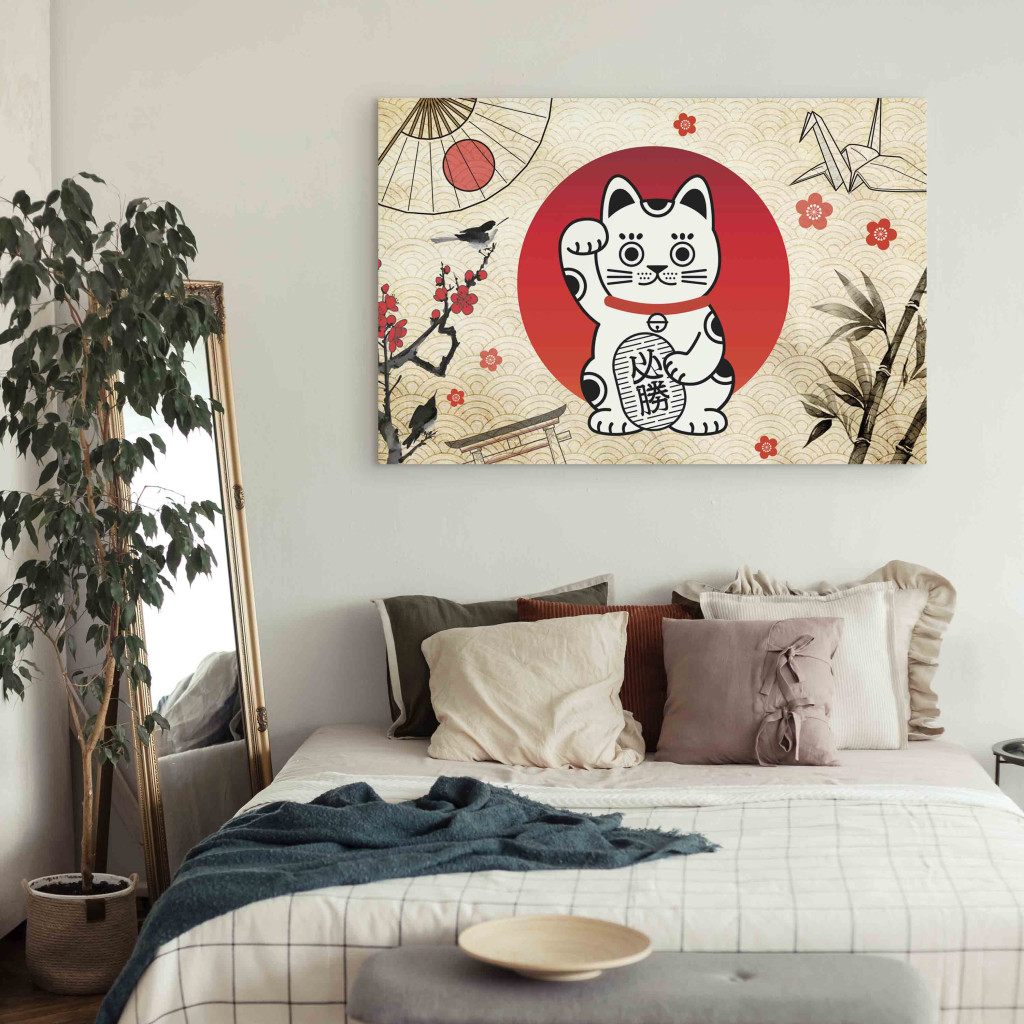 Schilderij  Katten: Maneki-Neko - Asian Cat With A Nodding Paw Against A Background Of Japanese Symbols