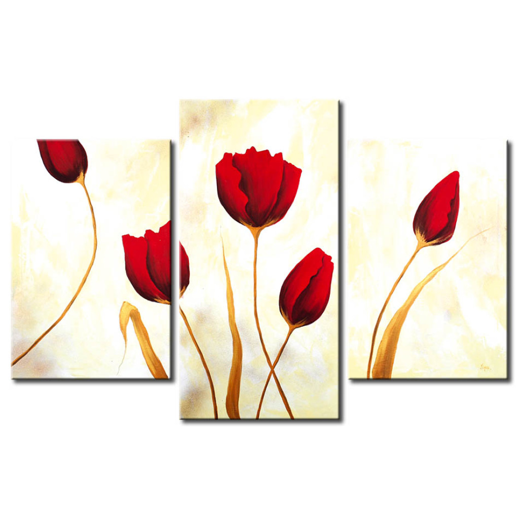 Obraz Czerwone Tulipany (3-częściowy) - Kompozycja Kwiatów Na Jasnym Tle