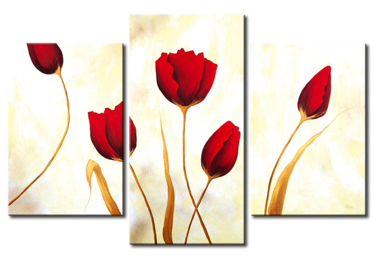 Canvas Red Tulips (3-piece) - Flower composition on a light background 48677