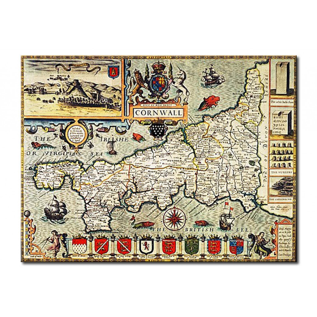 Schilderij  John Speed: Map Of Cornwall From The 'Theatre Of The Empire Of Great Britain', Pub. In London By George Humble
