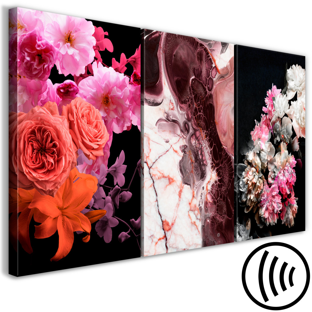 Obraz Kolorowa Elegancja - Bujne Kwiaty I Roślinność W Kompozycji Z Marmurem