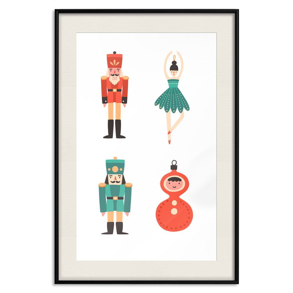 Plakat: Zabawki Choinkowe - Baletnica I żołnierzyki W świątecznych Kolorach