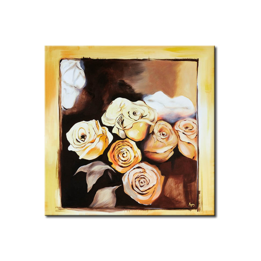 Quadro Pintado Rosas Melancólicas (1 Peça) - Motivo Da Natureza Com Flores Emolduradas