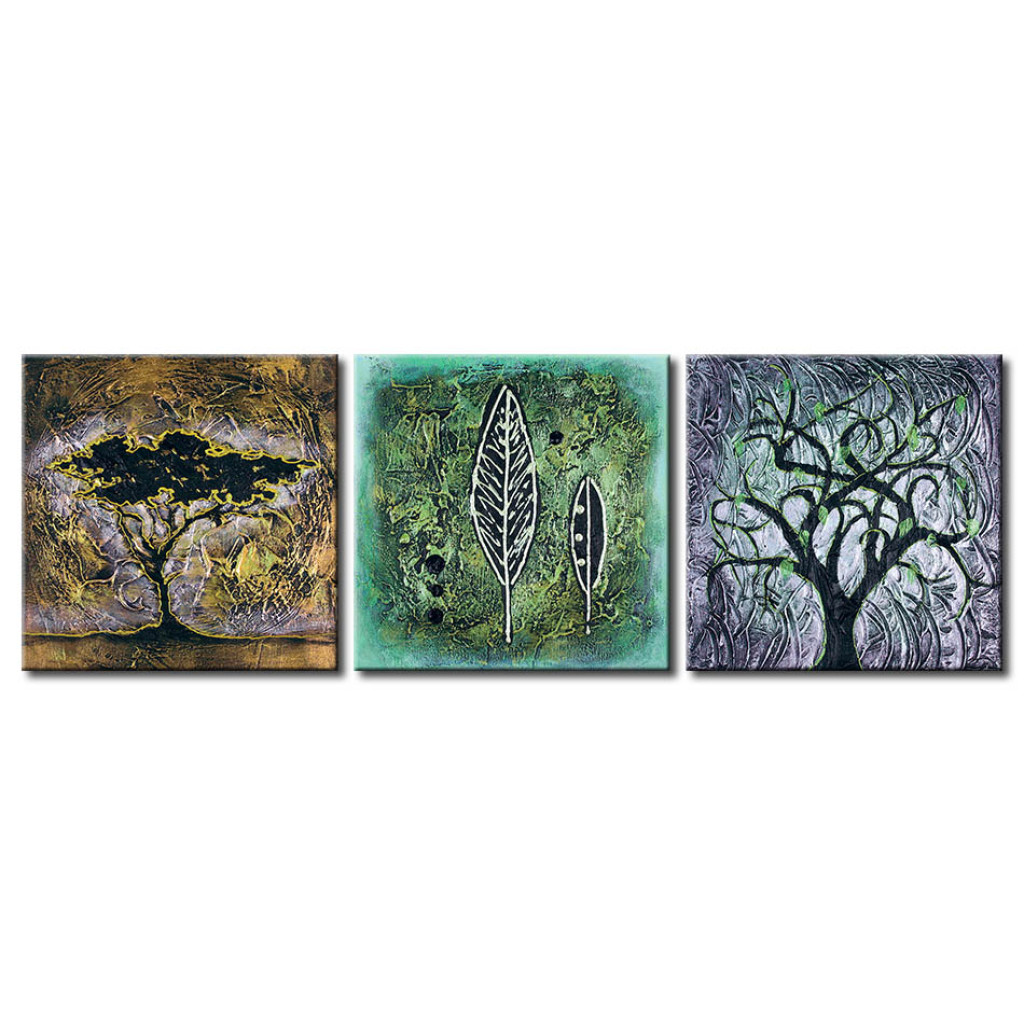 Obraz Natura (3-częściowy) - Abstrakcja Z Drzewami I Liśćmi Z Deseniami