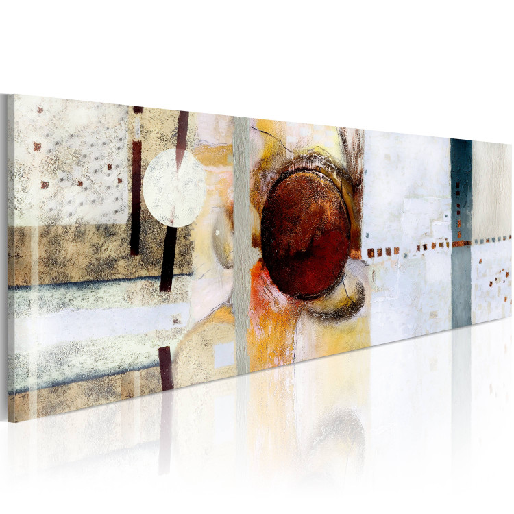 Obraz Środek - abstrakcyjna kompozycja przedstawiająca brązową kulę na szarym tle z pomarańczowymi i brązowymi elementami 47587 additionalImage 2
