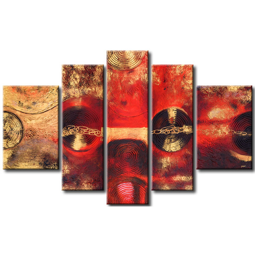 Konst Abstraktion (5-del) - Guldfantasi Med Cirklar På Röd Bakgrund