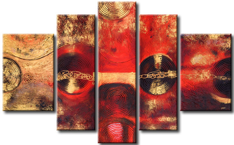 Obraz Abstrakcja (5-częściowy) - złota fantazja z kołami na czerwonym tle 47987