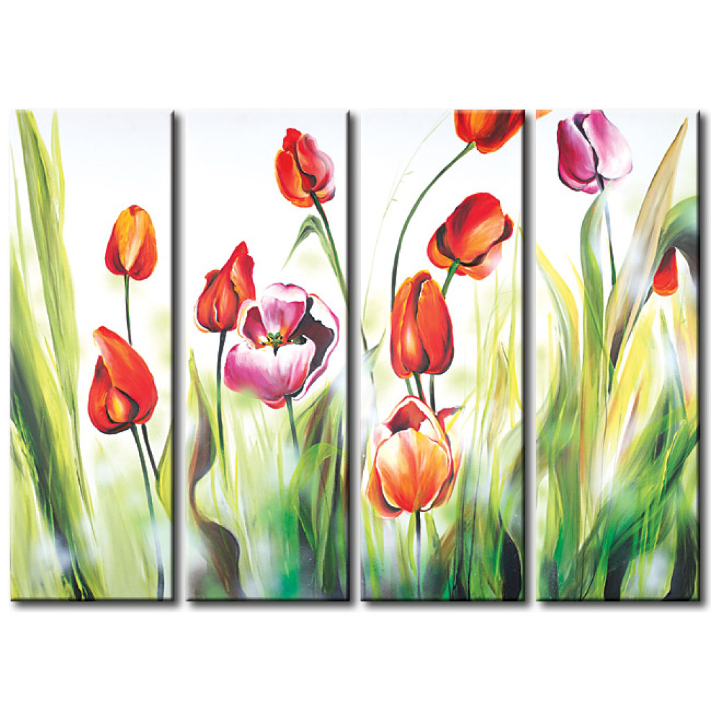 Quadro Pintado Flores De Maio (4 Partes) - Tulipas Coloridas Em Um Fundo Delicado