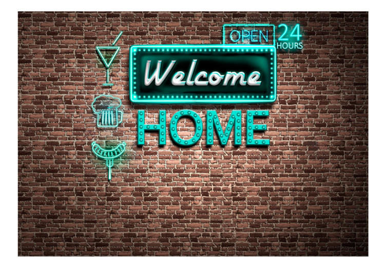 Wall Mural Welcome Home - Neon-style Text with Icons on Brown Brick 60887 additionalImage 1
