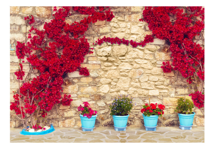 Wall Mural Stone Wall - Background with Red Ivy and Turquoise Flower Pots 60987 additionalImage 1