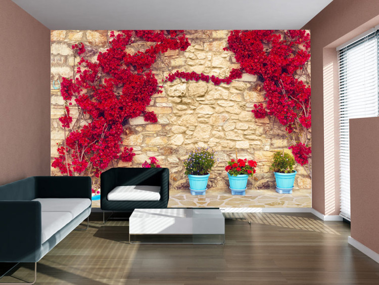 Wall Mural Stone Wall - Background with Red Ivy and Turquoise Flower Pots 60987