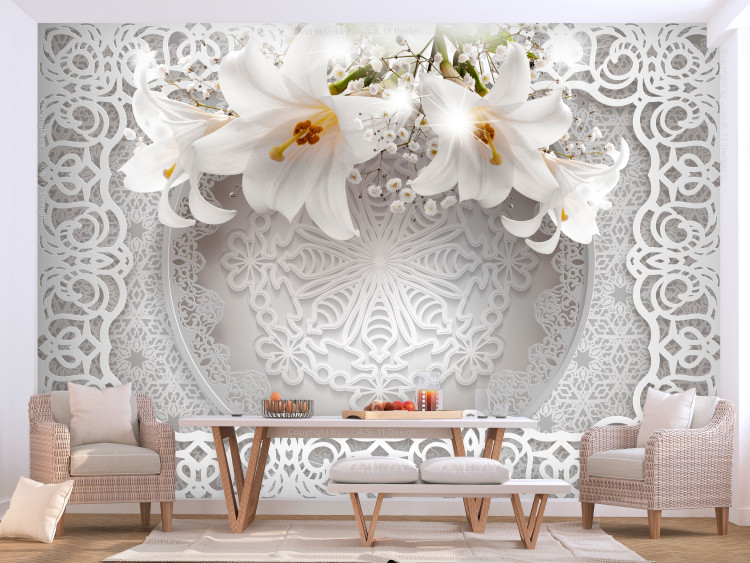 Mural de parede Ornamentos Exóticos - composição com tema floral em fundo branco