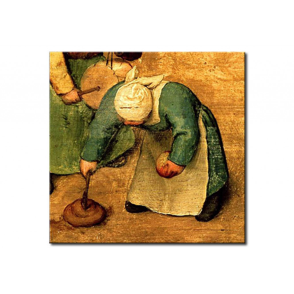 Schilderij  Pieter Bruegel The Elder: Children's Games (Kinderspiele): Detail Of A Girl Playing With A Spinning Top