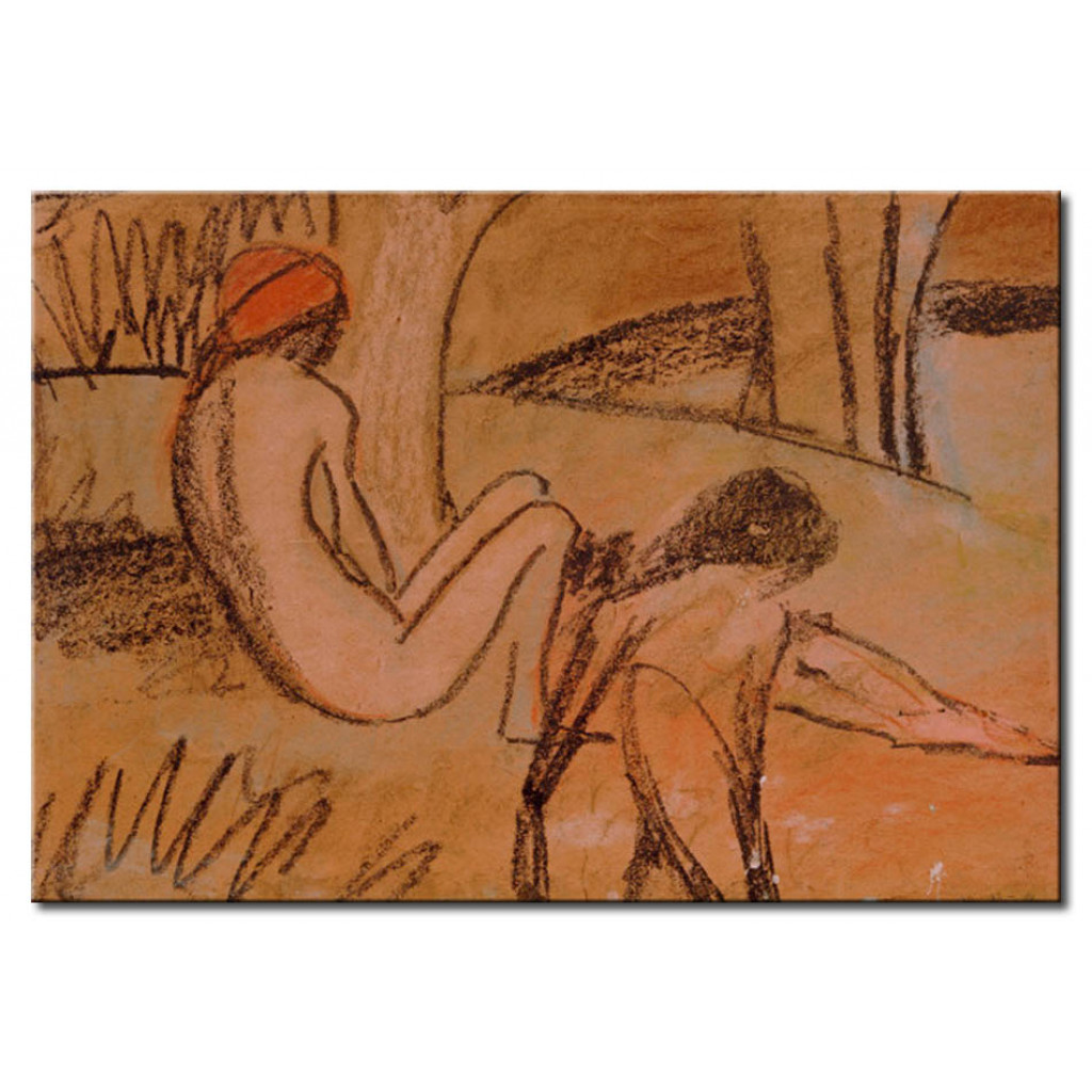 Schilderij  Otto Mueller: Two Sitting Girls In Front Of A Lying Figure