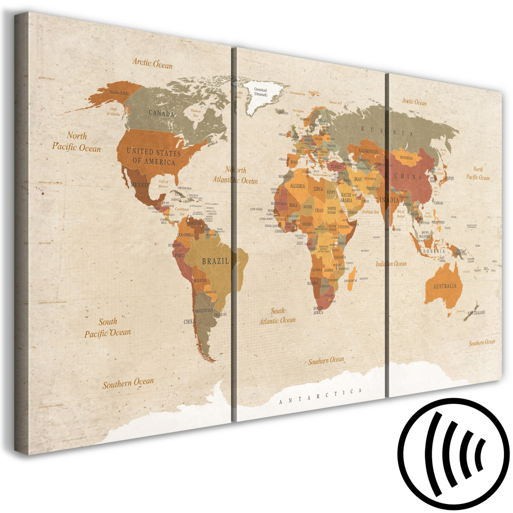 Schilderij  Kaarten Van De Wereld: World Map: Beige Chic (3 Parts)