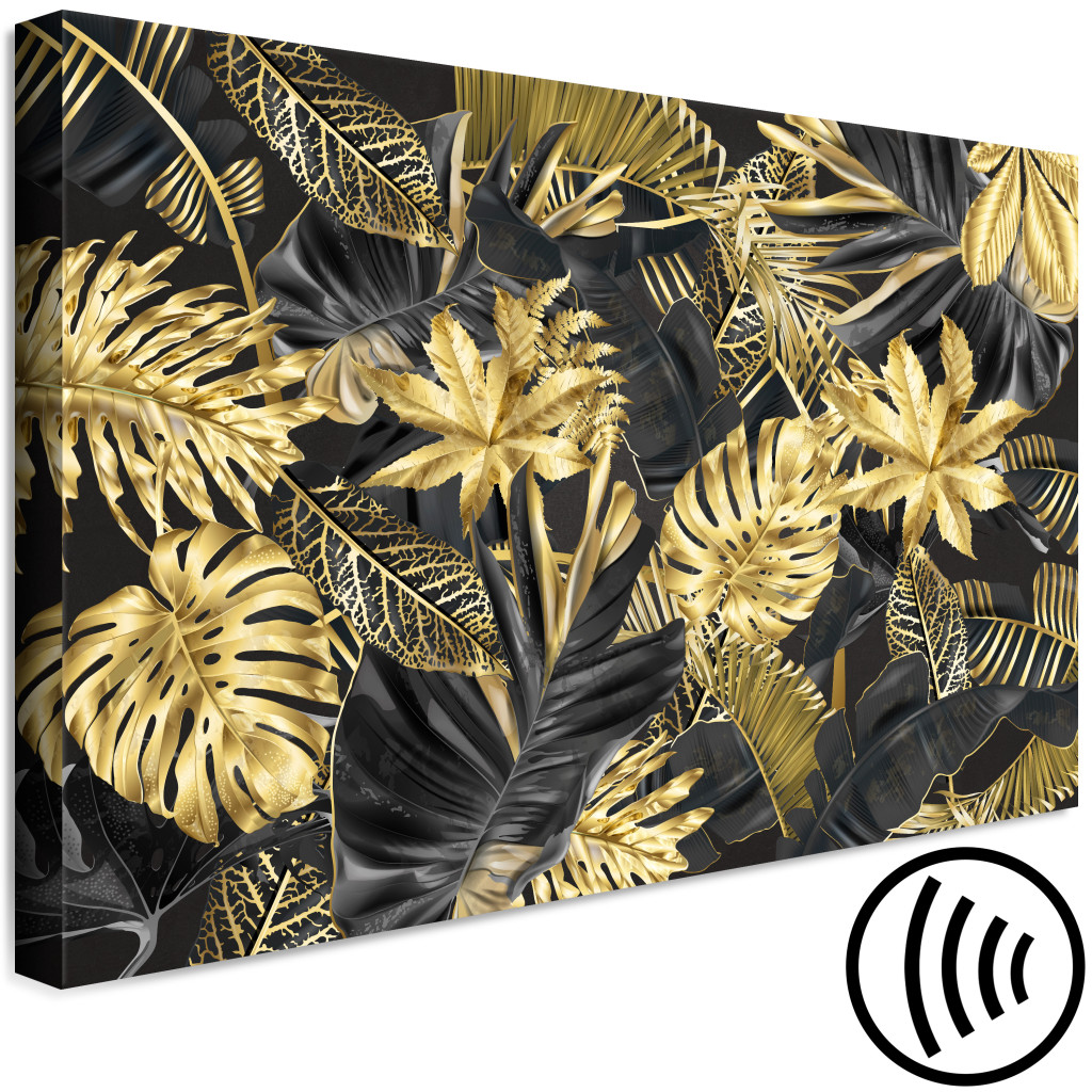 Schilderij  Bos: Gouden En Zwarte Tropische Bladeren - Een Landschap Met Bloemen