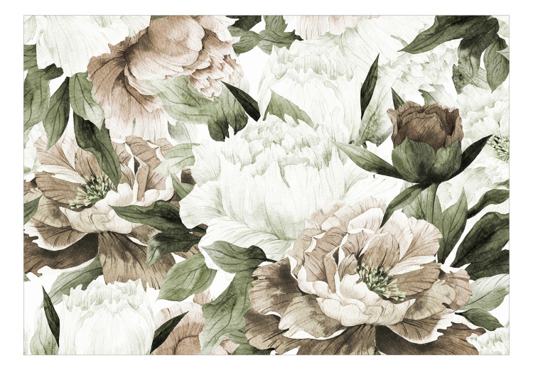 Fototapeta Kwitnące kwiaty - kompozycja z motywem roślinnym z piwoniami i liśćmi 135797 additionalImage 1