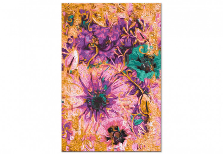 Obraz do malowania po numerach Słodkie płatki - różowe, fioletowe i szmaragdowe kwiaty na złotym tle 146197 additionalImage 3