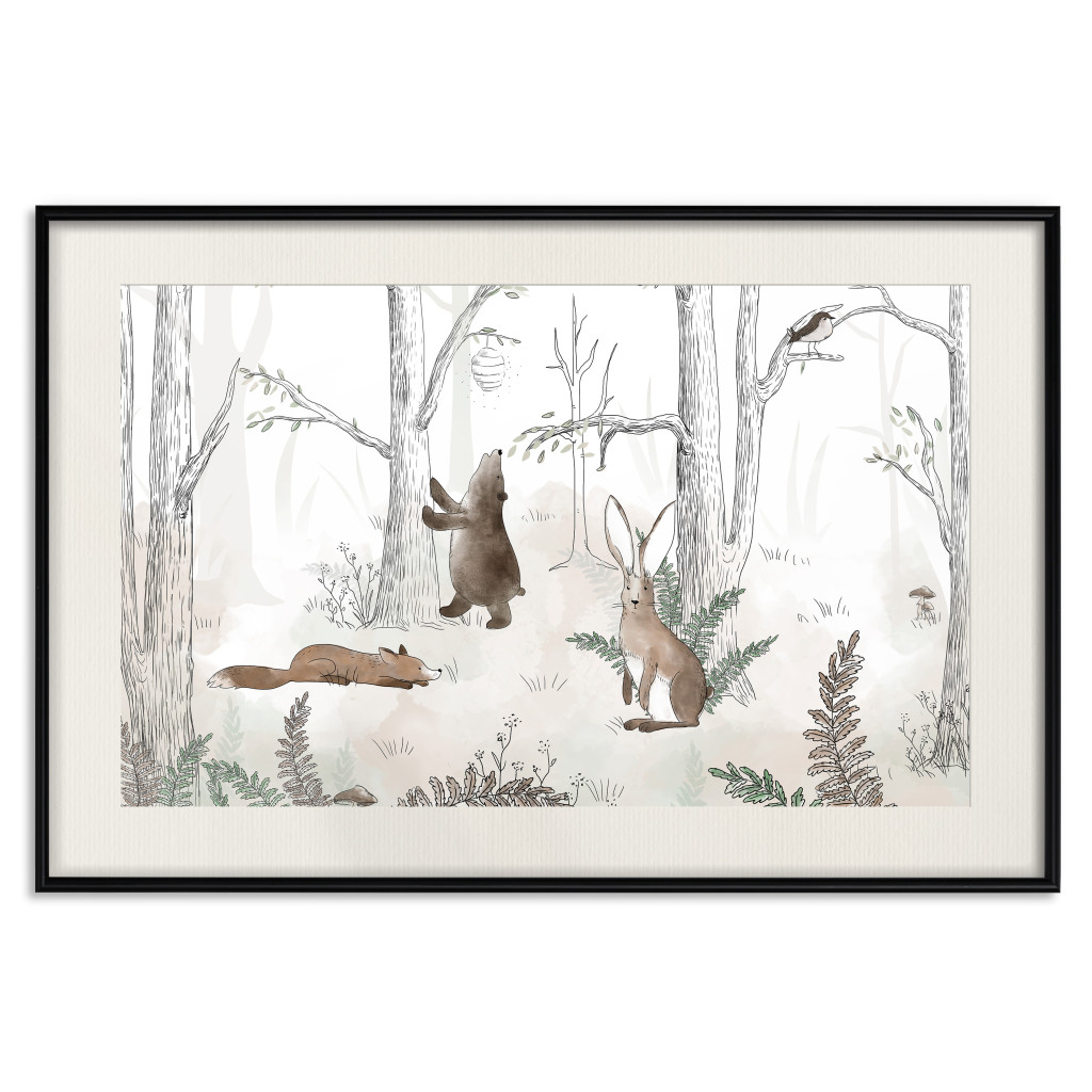 Muur Posters Forest Animals - Drawn Forest With Watercolor Ferns