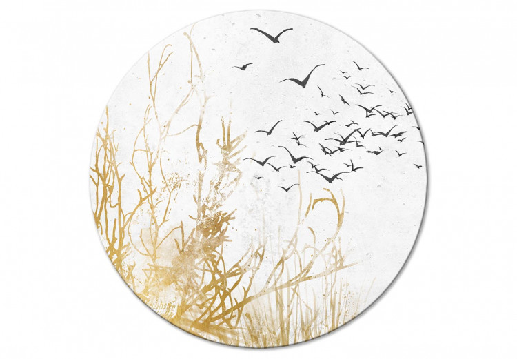 Round Canvas Departing Birds - a Key of Gray Geese on a Background of Golden Twigs 148697