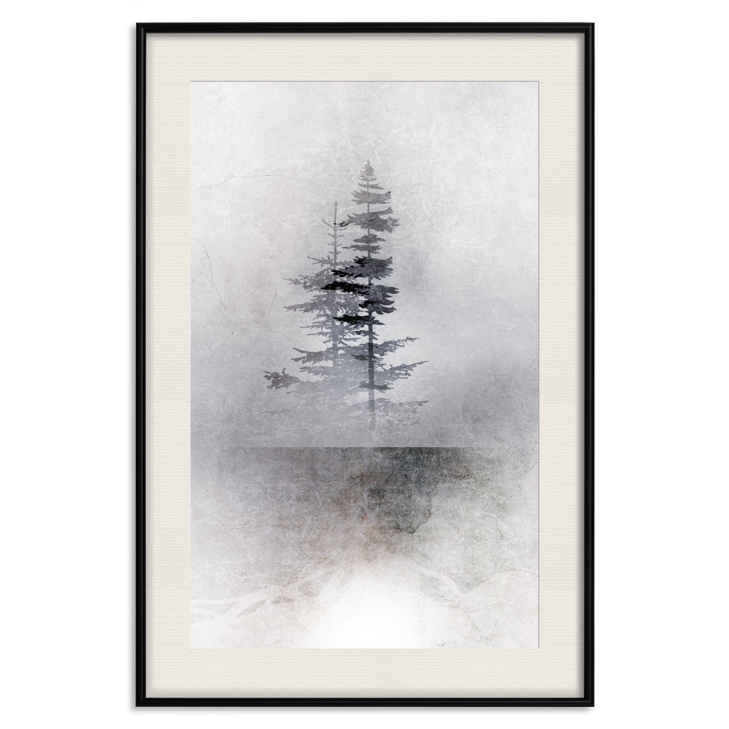Muur Posters Landscape - Trees In The Fog On A Light Gray Background With A Delicate Texture