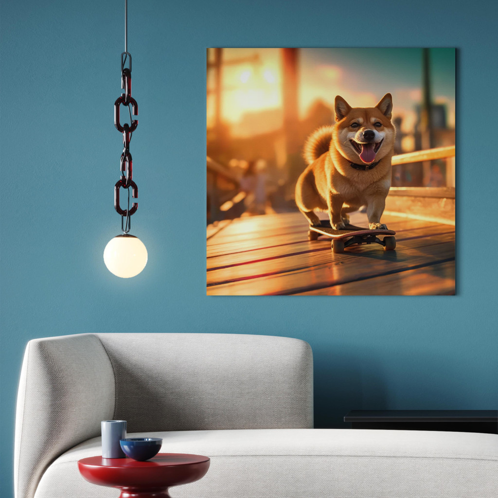 Obraz AI Pies Shiba - Uśmiechnięte Zwierzę Na Deskorolce O Zachodzie Słońca - Kwadratowy