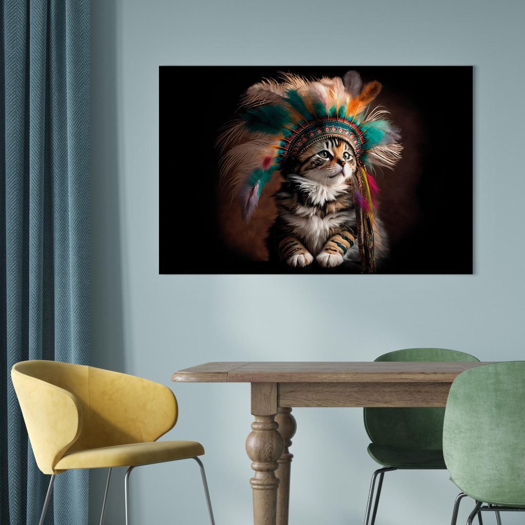 Schilderij  Katten: AI Kitty - Portrait Of A Proud Animal In An Indian Headdress - Horizontal