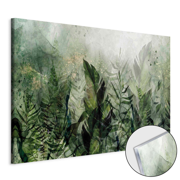 Acrylic Print In the Morning Dew - A Landscape of Leaves on a Green Shimmering Background [Glass] 151497