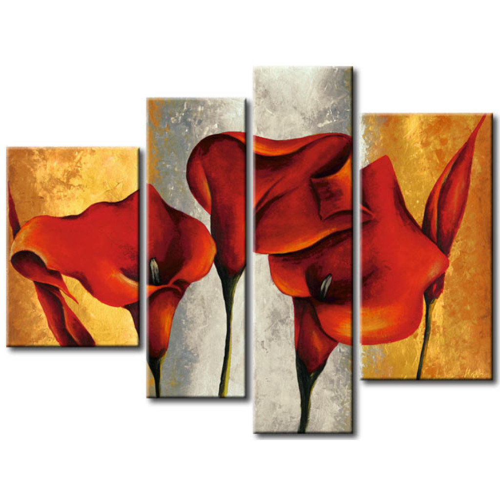 Quadro Pintado Papoilas Vermelhas (1 Peça) - Motivo Floral Com Fundo Dourado-prateado