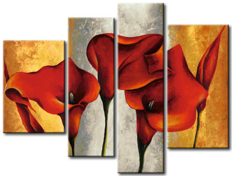 Canvastavla Röda kallior (1-del) - blommotiv med guld-silverbakgrund 46597
