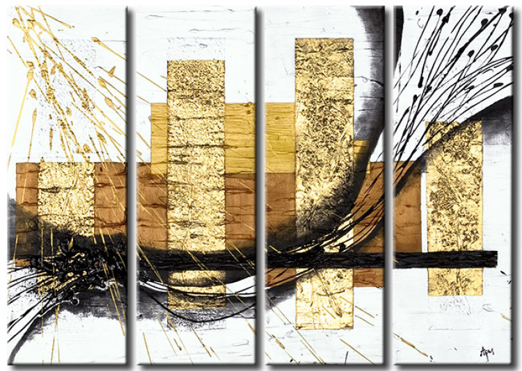 Pintura Abstração (4 partes) - figuras geométricas douradas com uma faixa preta 47697