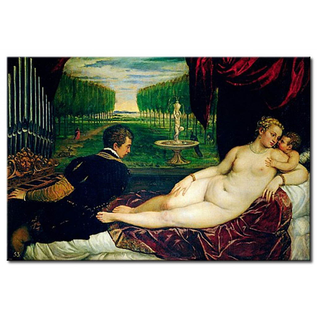 Schilderij  Titiaan: Venus With An Organist And Cupid