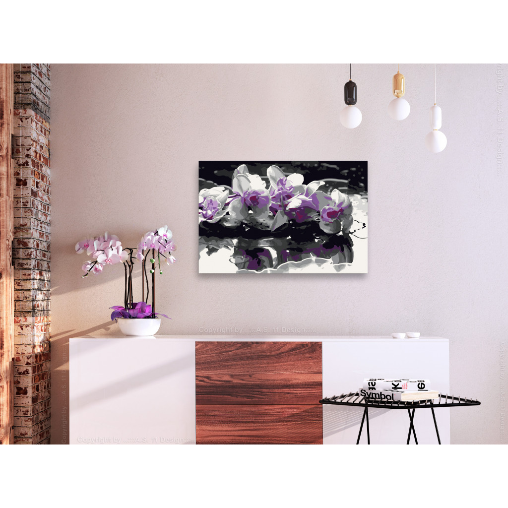 Desenho Para Pintar Com Números Purple Orchid (Black Background & Reflection In The Water)