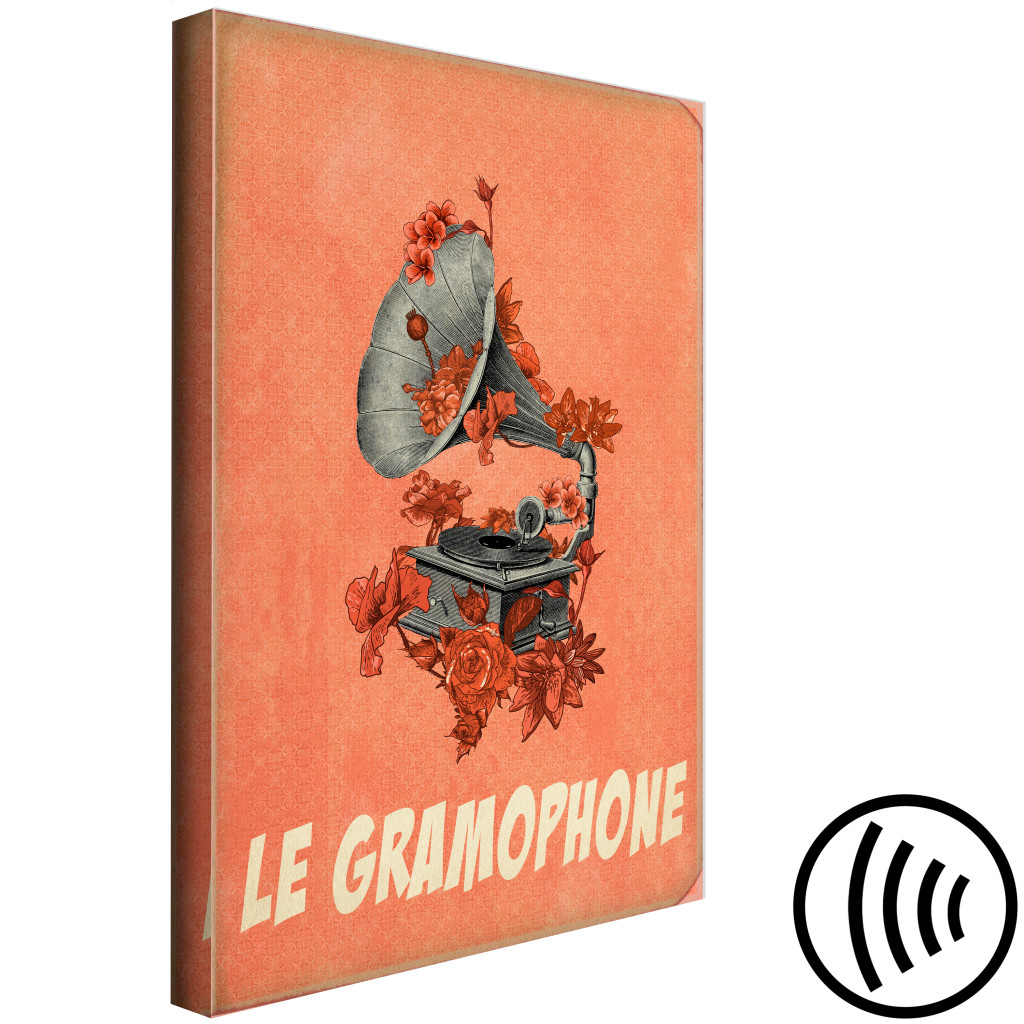 Quadro Pintado Gramofone Cinzento Com Flores - Motivo Musical Com Inscrição Francesa