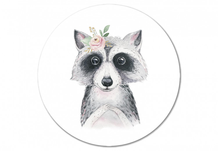 Rund tavla Child’s Friend - Black and White Raccoon With a Small Bouquet 148708