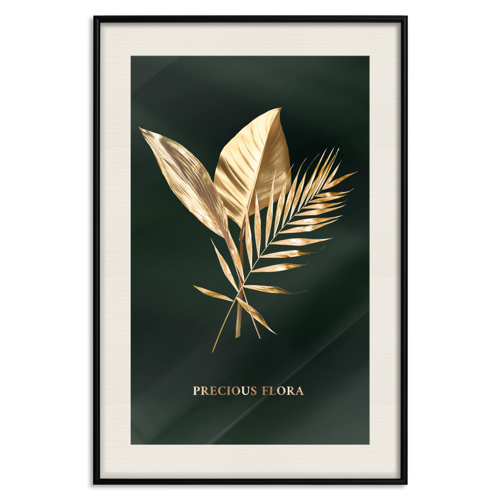Plakat: Drogocenne Liście - Rozświetlona Flora Z Napisem Na Ciemnozielonej Tkaninie