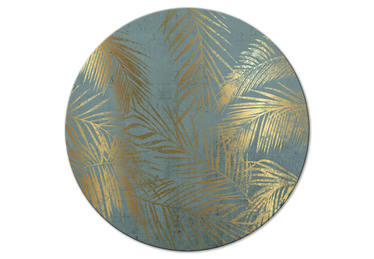 Round Canvas Print Golden Palm Tree - Plant Leaves on a Blue Background Variant 1