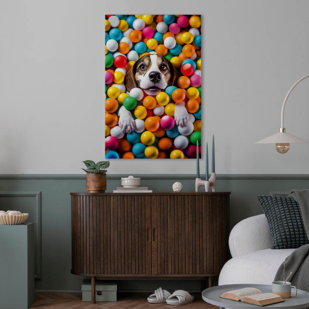 Schilderij  Honden: AI Beagle Dog - Animal Sunk In Colorful Balls - Vertical