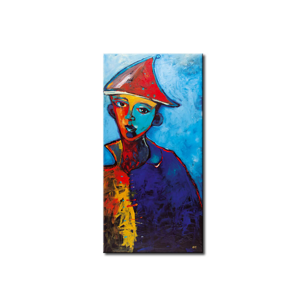 Schilderij  Portretten: Portret Van Een Jongen (1-delig) - Kleurrijk Gezicht Van Een Figuur Op Een Blauwe Achtergrond