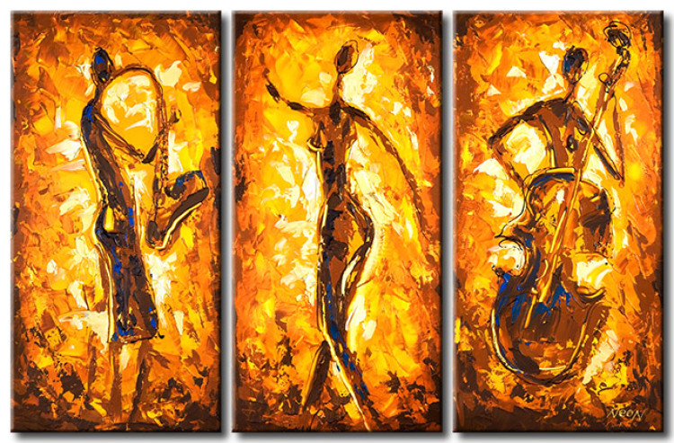 Tableau mural Jazzband (3 pièces) - Musiciens avec instruments et motifs 47108