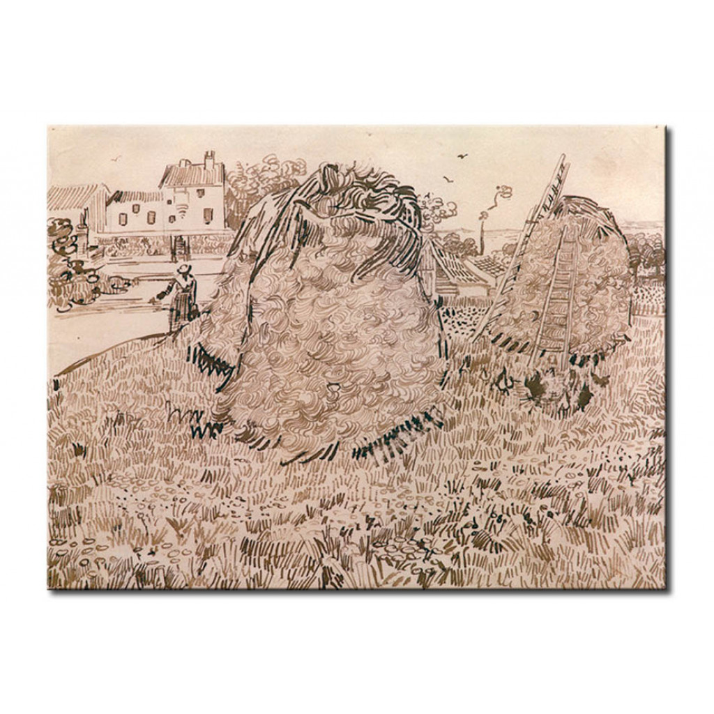 Schilderij  Vincent Van Gogh: Haystacks Near A Farm