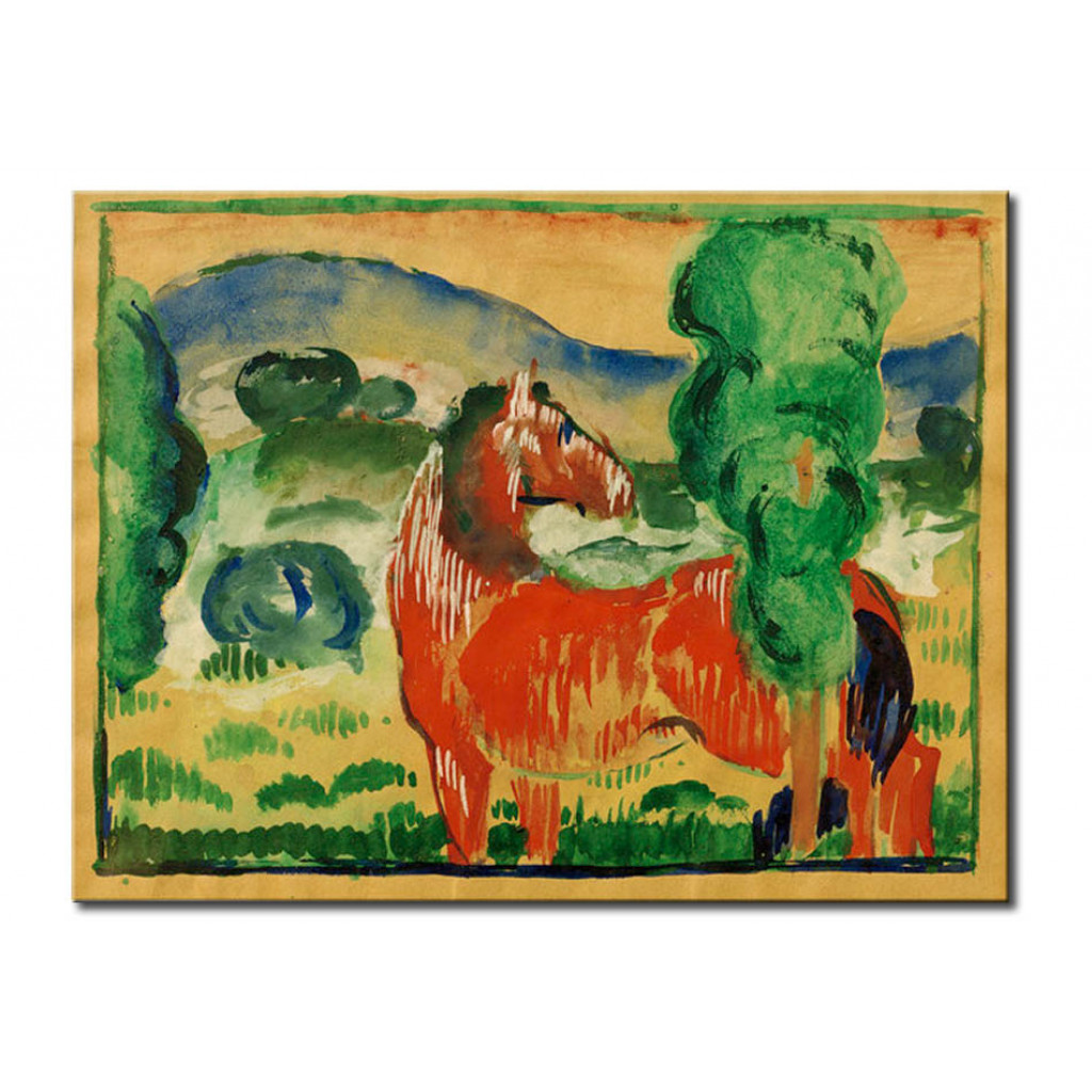 Schilderij  Franz Marc: Rotes Pferd In Farbiger Landschaft