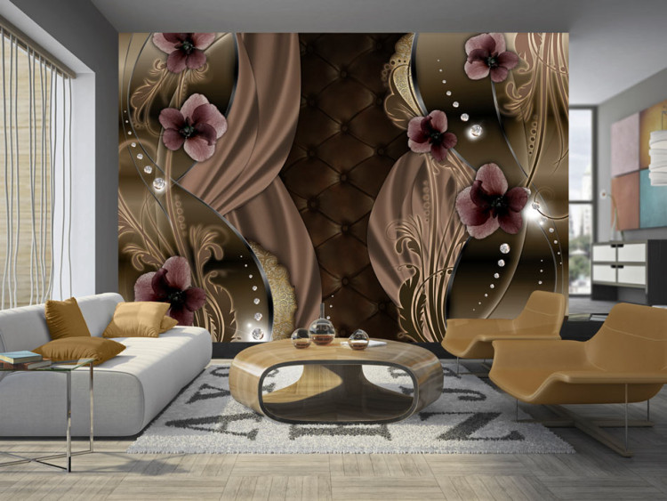Wall Mural Burgundy Gaps - Abstraction with Flowers on Quilted Background with Pearls 60808