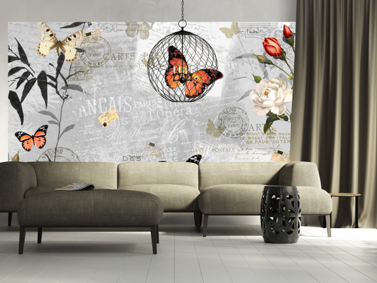 Wall Mural Postcard with Nature - Butterflies on a gray and white background with captions and flowers 61308