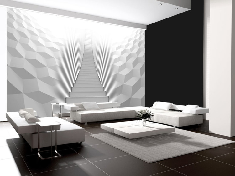 Fototapete Moderne Architektur - Weiße Treppe mit geometrischen Wänden