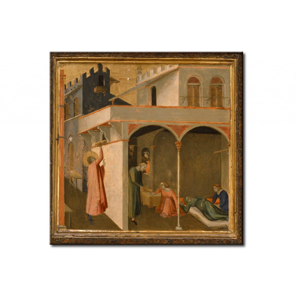 Schilderij  Ambrogio Lorenzetti: Saint Nicholas Throws Three Poor Daughters Balls Of Gold Through A Window As A Dowry
