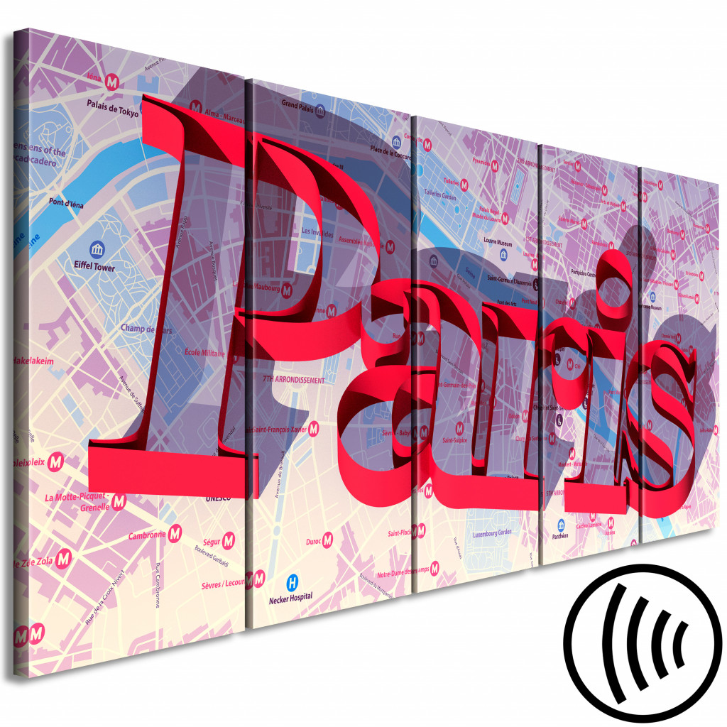 Obraz Na Czerwono - Napis 3D Paryż Na Tle Kolorowej Mapy Miasta