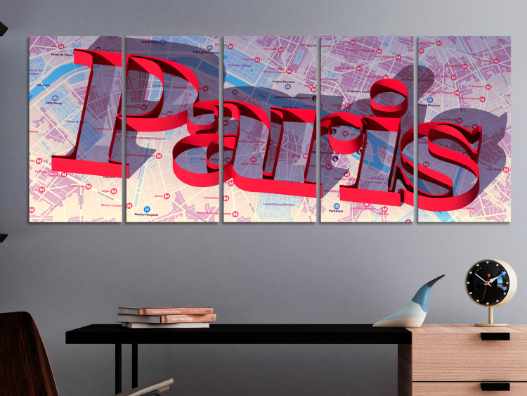 Obraz Na czerwono - napis 3D Paryż na tle kolorowej mapy miasta 122218 additionalImage 3