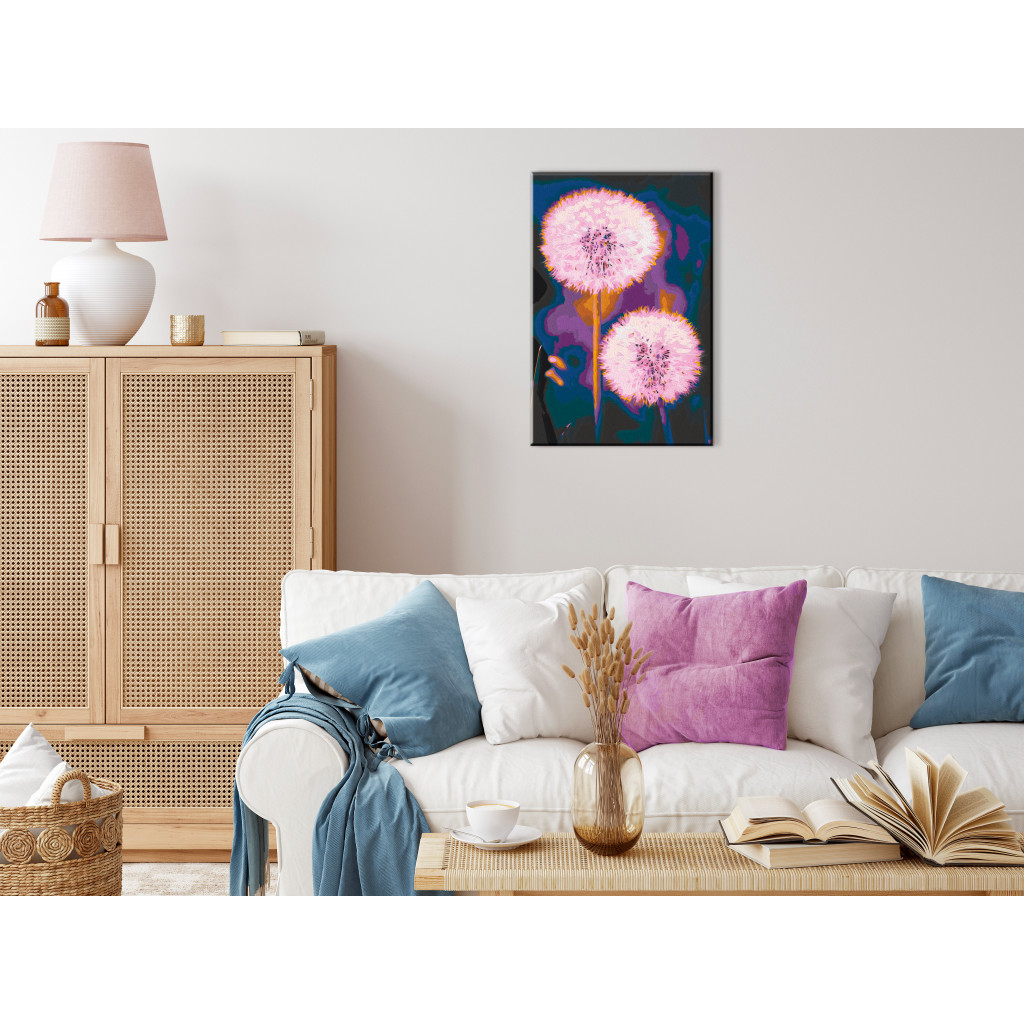 Måla Med Siffror Fluffy Balls - Large Pink Dandelions On A Dark Two-Color Background