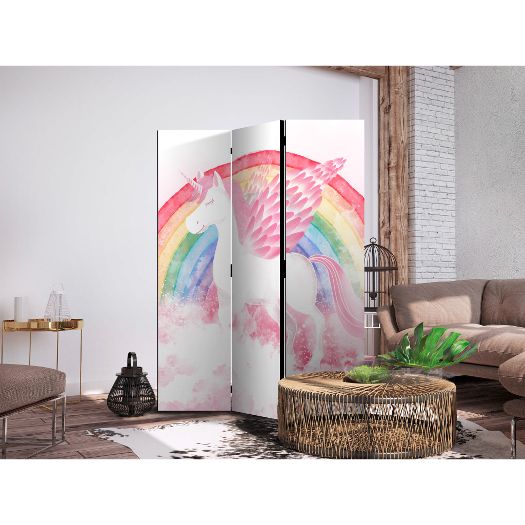 Decoratieve Kamerverdelers  Pink Power - A Unicorn With Wings And A Rainbow On A Background Of Clouds [Room Dividers]